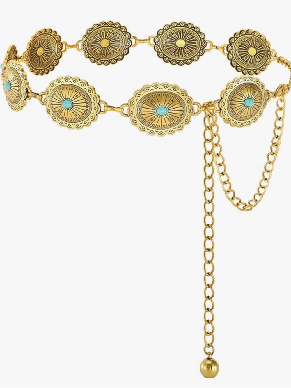 Gold Concho Chain Belt with Turquoise Accents